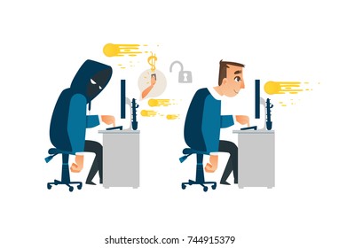 Hacker Attack Concept.Funny Cartoon Thief In Black Mask Stealing Information From Computer. Concept Of Fraud, Crime. Money Stealing. Hacker In The Hood