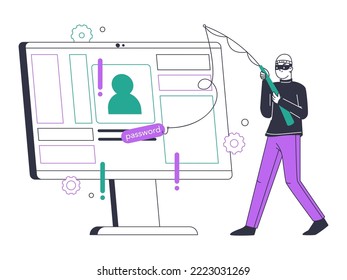 Hacker attack, cyber crime, internet scam phishing. Computer security breaching, personal data protection flat vector illustration. Online cyber crime