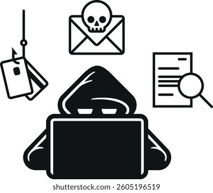 Hacker attack or cyber hacking icon. Cyber criminal behind laptop computer surrounded by cybercrime icons. Isolated vector illustration.