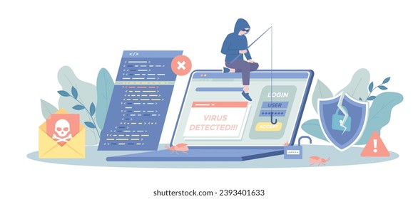 Ataque de hackers. Cibercrimen, cuenta de phishing, robo de datos personales, ciberataque. Pirateo y robo de correo electrónico, contraseña y dinero. Ilustración vectorial con situación de carácter para web.	
