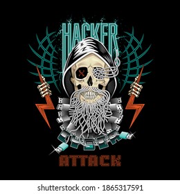 Hacker attack emblem. Concept of cyber crime, internet piracy and hacking. Color vector illustration.