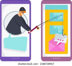 Hacker attack. Fishing. Email hacking. Computer Scams. Cyber criminal. Flat vector illustration.