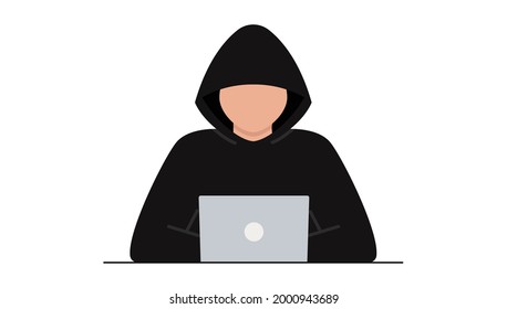 Hacker attack. Fraud with user data on social networks. Internet phishing, hacked password. Cybercrime and crime. A thief on a website online on the internet. The criminal behind a laptop, computer