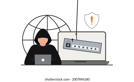 Hacker attack. Fraud with user data on social networks. Credit or debit card theft. Internet phishing, hacked username and password. Cybercrime and crime. A thief on a website online on the internet