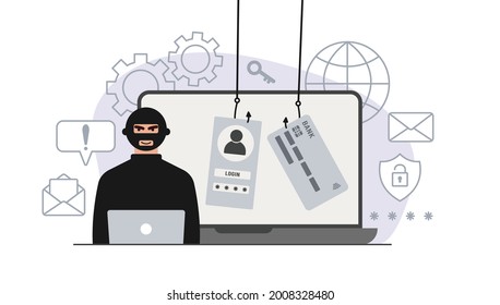 Hacker attack. Fraud with user data on social networks. Credit or debit card theft. Internet phishing, hacked username and password. Cybercrime and crime. A thief on a website online on the internet