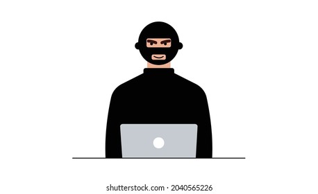 Hacker attack. Fraud with user data on social networks. Internet phishing, hacked password. Cybercrime and crime. A thief on a website online on the internet. The criminal behind a laptop, computer