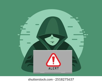 Hacker attack. Fraud with user data on social networks. Internet phishing, hacked password. Cybercrime and crime. A thief on a website online on the internet. Vector Illustration