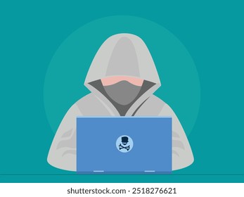 Hacker attack. Fraud with user data on social networks. Internet phishing, hacked password. Cybercrime and crime. A thief on a website online on the internet. Vector Illustration