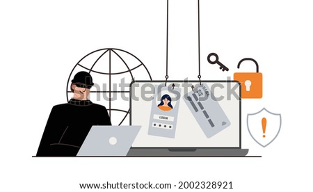 Hacker attack. Fraud with user data on social networks. Credit or debit card theft. Internet phishing, hacked username and password. Cybercrime and crime. A thief on a website online on the internet