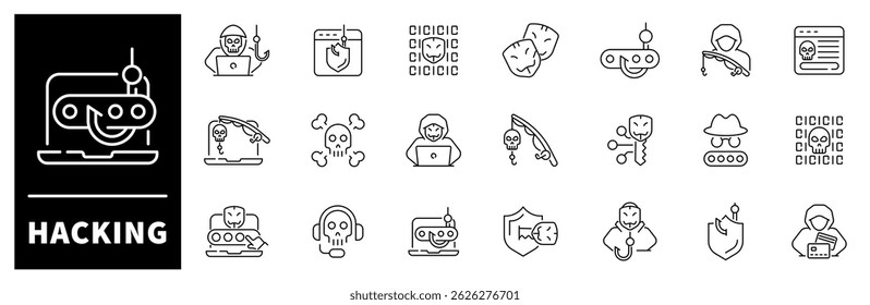 Hacker attack icons. Hacker line icon set. Cyber, attack, software, virus, scam, hacker, fraud, hacker attack related icons. Editable stroke, thin line icons set