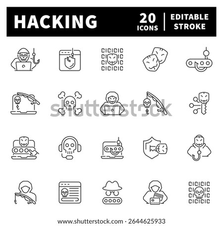 Hacker attack icons. Hacker line icon set. Cyber, attack, software, virus, scam, hacker, fraud, hacker attack related icons. Editable stroke, thin line icons set