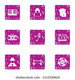 Hacker attack icons set. Grunge set of 9 hacker attack vector icons for web isolated on white background