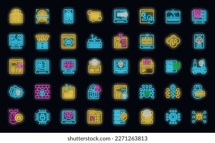Hacker attack icons set outline vector. Fraud attack. Criminal cyber neon color on black