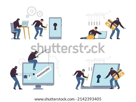 Hacker attack and identity theft scenes set. Computer fraud and hacking personal security system, flat vector illustration isolated on white background.