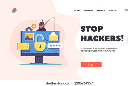 Hacker Attack Landing Page Template. Tiny Hacker Male Character Sitting on Huge Computer with Rod Phishing and Hacking Files, Personal Data, Credentials in Internet. Cartoon People Vector Illustration