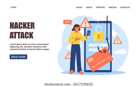 Hacker attack landing page. Young girl with smartphone near bank card on hook. Scammer and hacker steals personal data, cybercrime. Poster or banner for website. Flat vector illustration