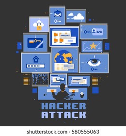 Hacker attack lettering, Artificial Intelligence robot face, Abstract pixel art style, shape like a android skull with eye,  Hacker hacking security net, vector illustration.