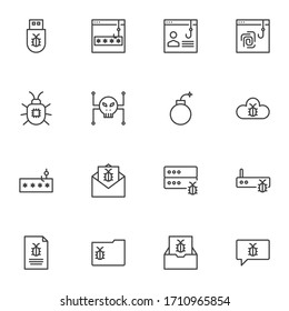 Conjunto de iconos de la línea de ataque de hackers, colección de símbolos vectoriales de esquema de fraude de ciberphishing, paquete de pictogramas de estilo lineal. Ilustración del logotipo de la señal. El conjunto incluye iconos como phishing de contraseñas de cuenta, virus de correo electrónico