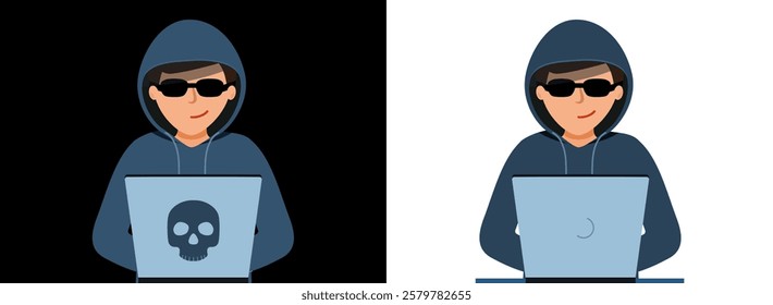 Hacker attack. man in a black hoodie is sitting at a laptop. cyber thief. Hacker is sitting at computer, cracking website or personal data. vector illustration in flat design
