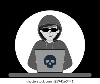 Hacker attack. man in a black hoodie is sitting at a laptop. cyber thief. Hacker is sitting at computer, cracking website or personal data. vector illustration in flat design