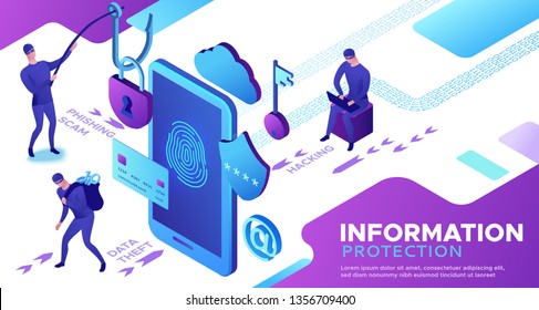 Hacker attack, mobile security concept, data protection, cyber crime, 3d isometric vector illustration, fingerprint, phishing scam, information protection, smartphone safety