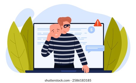 Hacker attack, online fraud and internet phishing, personal account and data protection. Man thief on laptop screen, scammer holding disguise positive mask to hide crime cartoon vector illustration