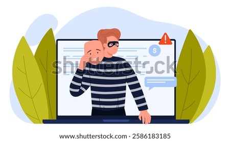 Hacker attack, online fraud and internet phishing, personal account and data protection. Man thief on laptop screen, scammer holding disguise positive mask to hide crime cartoon vector illustration