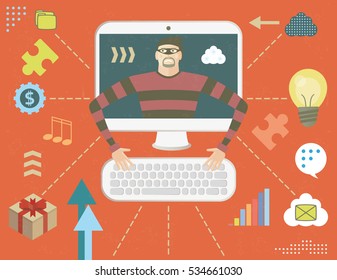 Hacker attack of personal computer system, concept with infographics elements and grunge texture.