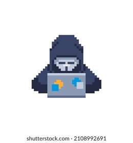 Hacker attack. Pixel art. Hacker man character with laptop, hacking the Internet. E-mail spam viruses bank account hacking. Hacker working on a code. Internet crime concept. Online scam and steal.