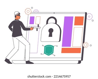 Hacker attack protection, internet security concept. Cyber crime and internet scam phishing, thief steal personal information flat vector illustration. Web cyber crime scene