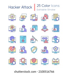 Hacker attack RGB color icons set. Cybercrime. Computer system, network disruption. Isolated vector illustrations. Simple filled line drawings collection. Editable stroke. Quicksand-Light font used