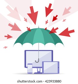 Hacker attack and safety digital technology concept. Vector flat illustration of cursors, umbrella, computers, telephone. Viruses attack, guard protects data. Element for web, brochure, presentation.