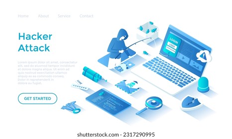 Hacker Attack. Hacker steal credit card. Thief fishing personal information on laptop. Virus, spam and security. Hacking concept. Landing page template for web on white background.	
