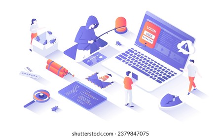 Hacker Attack. Hacker steal credit card. Thief fishing personal information on laptop. Virus, spam and security. Hacking concept. Isometry illustration with people scene for web graphic.	
