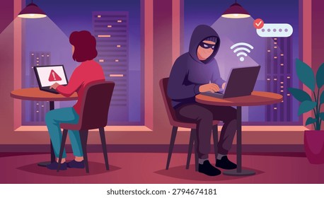 Hacker Attack. Vector background with cyber criminals phishing accounts and breaking device security systems exact illustration
