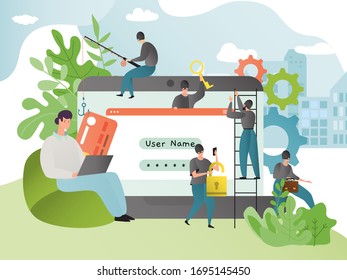 Hacker attack vector illustration. Hacking and phishing concept. People in mask hacked computer. Cyber crime and datum security fraud. Password and information access protection threat, internet virus