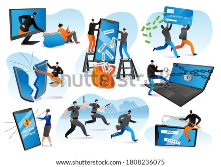 Hacker attack vector illustrations set. Cyber crime, thief stealing personal information from internet netwrk. Protection and hack, crime theft, privacy smartphone. Data security, hacking.