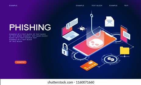 Hacker Attack And Web Security Vector Concept, Phishing Scam. Netwrok And Internet Security. Anti Virus, Spyware, Malware. 3d Isometric Vector Illustration.