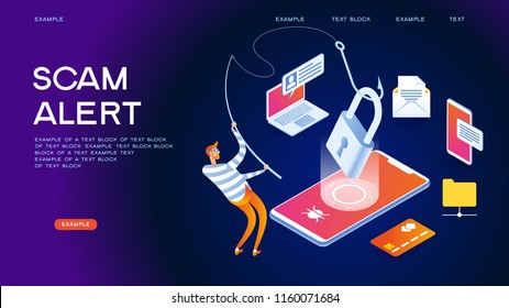 Hacker attack and web security vector concept, phishing scam. Netwrok and internet security. Anti virus, spyware, malware. 3d isometric vector illustration.