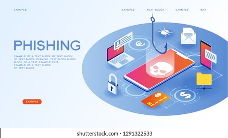 Hacker attack and web security vector concept, phishing scam. Netwrok and internet security. Anti virus, spyware, malware. 3d isometric vector illustration.