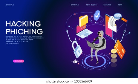 Hacker attack and web security vector concept, phishing scam. Netwrok and internet security. Anti virus, spyware, malware. 3d isometric vector illustration.