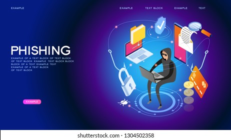Hacker attack and web security vector concept, phishing scam.  internet security. Anti virus, spyware, malware. 3d isometric vector illustration.