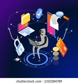 Hacker attack and web security vector concept, phishing scam. Netwrok and internet security. Anti virus, spyware, malware. 3d isometric vector illustration.