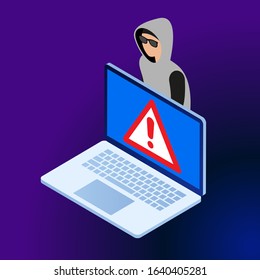 Hacker attack and web security vector concept, phishing scam. Netwrok and internet security. Anti virus, spyware, malware. 3d isometric vector illustration.