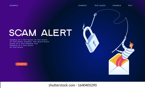 Hacker attack and web security vector concept, phishing scam. Netwrok and internet security. Anti virus, spyware, malware. 3d isometric vector illustration.