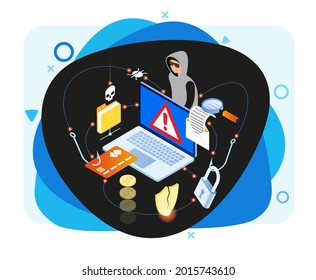 Hacker attack and web security vector concept, phishing scam. Netwrok and internet security. Anti virus, spyware, malware. 3d isometric vector illustration.