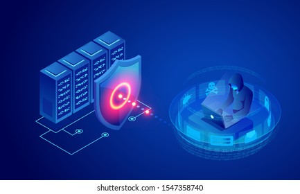 Hacker atacando servidor o base de datos. Seguridad de la red, seguridad de la base de datos y protección de datos personales.