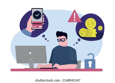 Hacker attacking and stealing money from card. Password phishing attack and person information. Fraud investigation and prevention. Internet hackers theft privacy account, data. Vector illustration