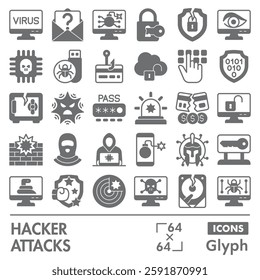 Hacker attacks symbols collection or sketches. cyber crime theme icons in glyph style signs for web and app. Vector graphics isolated on white background