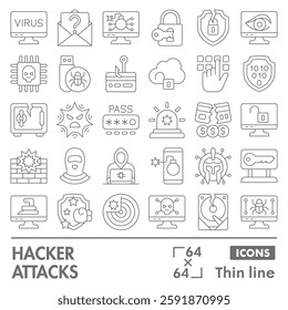 Hacker attacks symbols collection or sketches. cyber crime theme icons in thin line style signs for web and app. Vector graphics isolated on white background